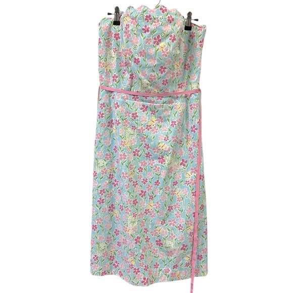 Lilly Pulitzer Strapless Wave Blue Floral Butterfly Tiger Scalloped Trim Dress 6 - Picture 10 of 13